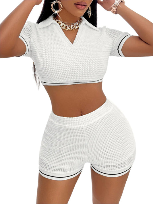 KRE Prime Women Waffle-Knit Collared Neck Cropped Top and Shorts Set - KRE Prime