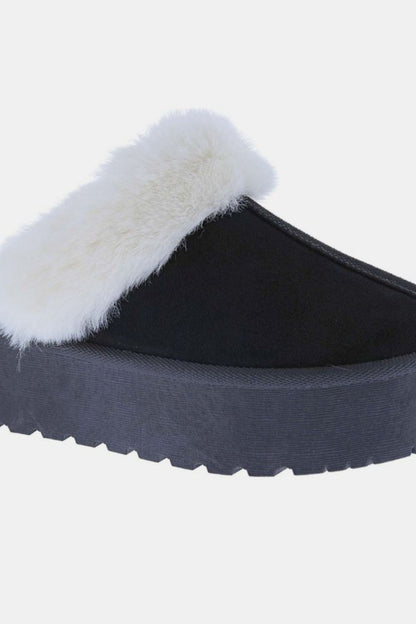 KRE Prime Women Thick Bottom Fur Trim Snow Black Slippers