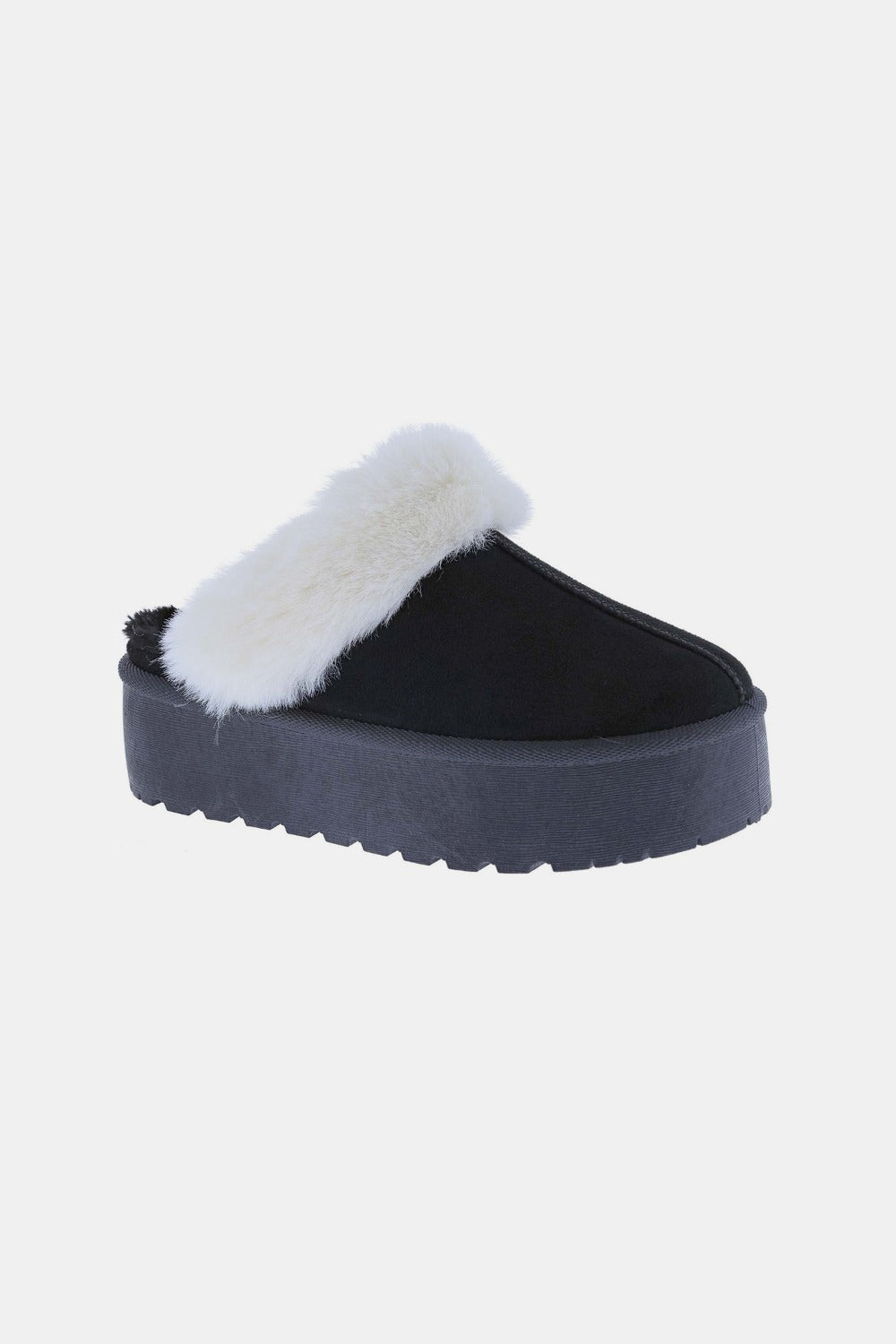 KRE Prime Women Thick Bottom Fur Trim Snow Black Slippers