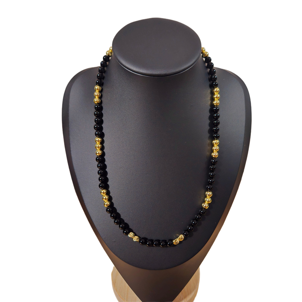 KRE PRIME 18K Gold Plated 6mm Black Beads Handcrafted Timeless Opulence Necklace