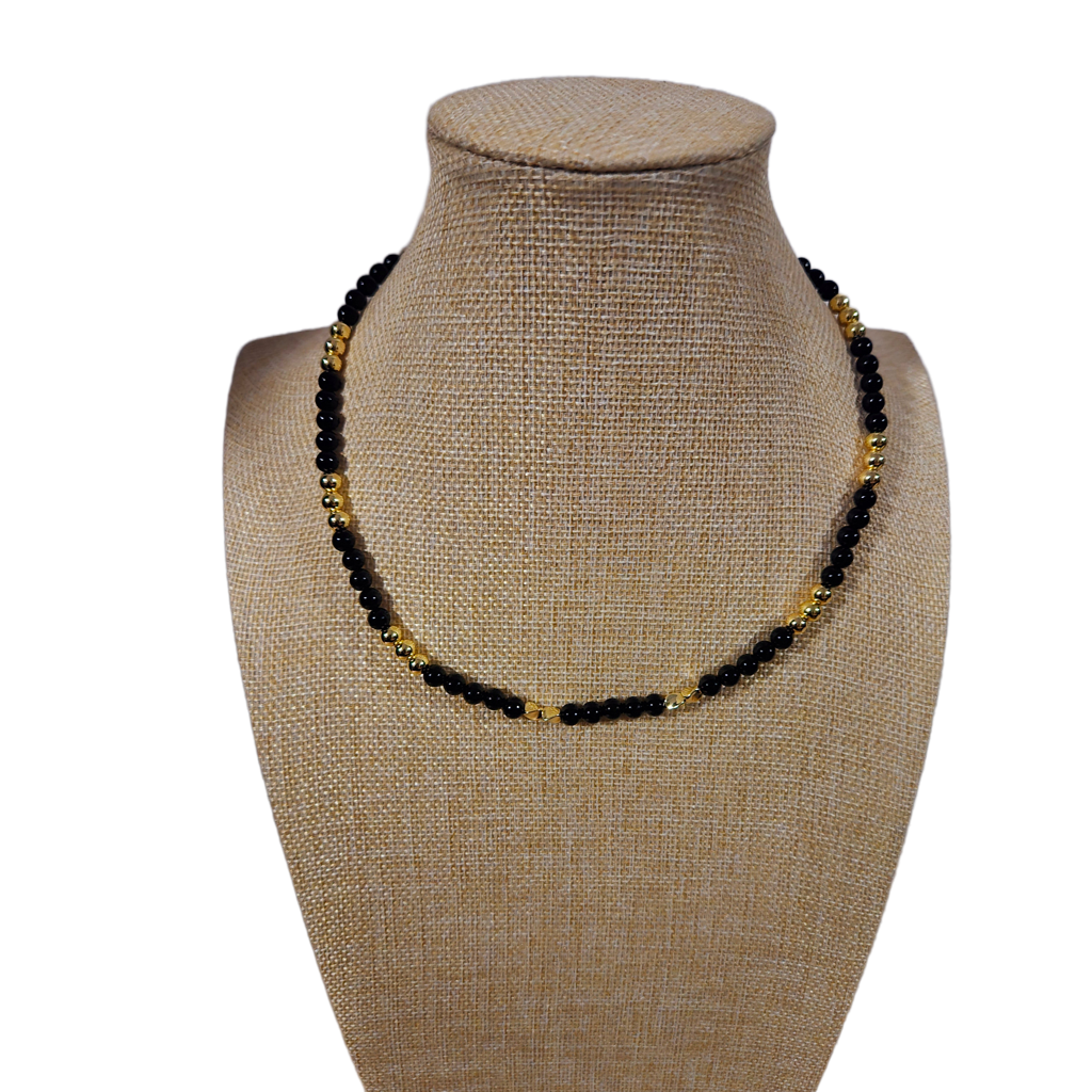 KRE PRIME 18K Gold Plated 6mm Black Beads Handcrafted Timeless Opulence Necklace