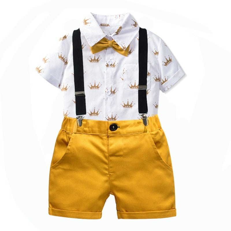 Boys Sets Clothing Summer Crown Print Polo T-Shirt White Shorts Yellow Bowtie Children's Clothing For Boy Kids Clothes Boys - KRE Prime Deals