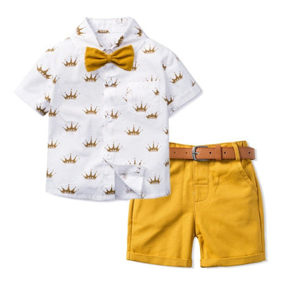 Boys Sets Clothing Summer Crown Print Polo T-Shirt White Shorts Yellow Bowtie Children's Clothing For Boy Kids Clothes Boys - KRE Prime Deals