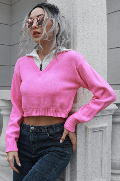 Contrast Collared Cropped Sweater - KRE Prime Deals