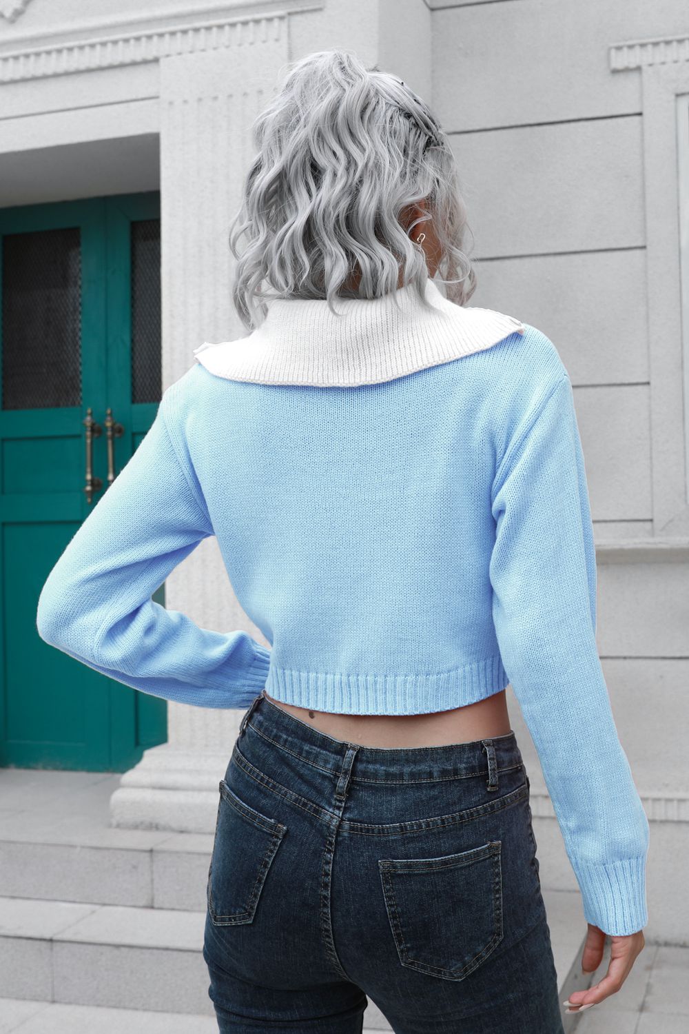 Contrast Collared Cropped Sweater - KRE Prime Deals