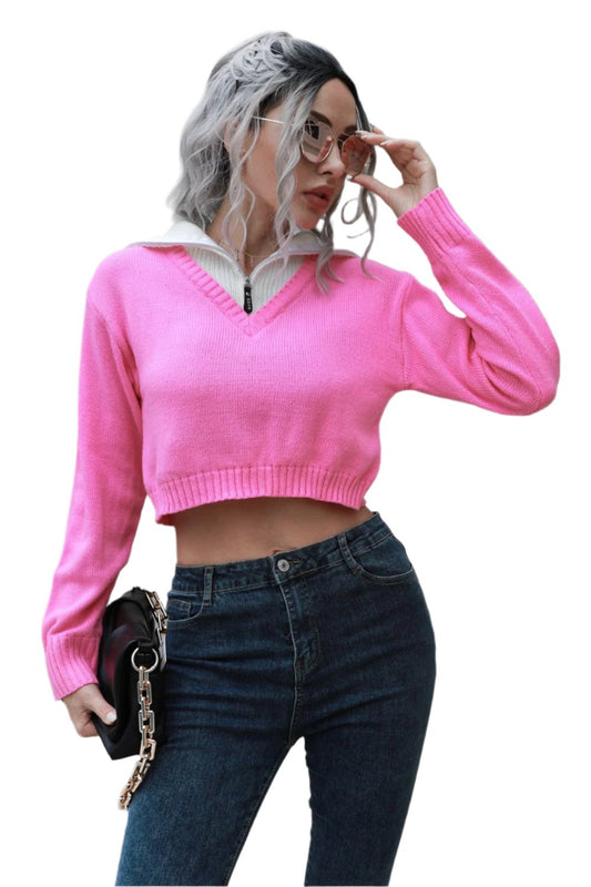 Contrast Collared Cropped Sweater - KRE Prime Deals