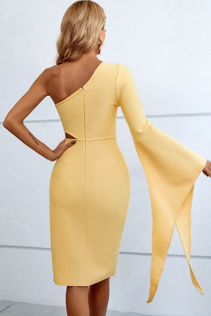 Cutout Split Flare Sleeve One-Shoulder Dress - KRE Prime Deals