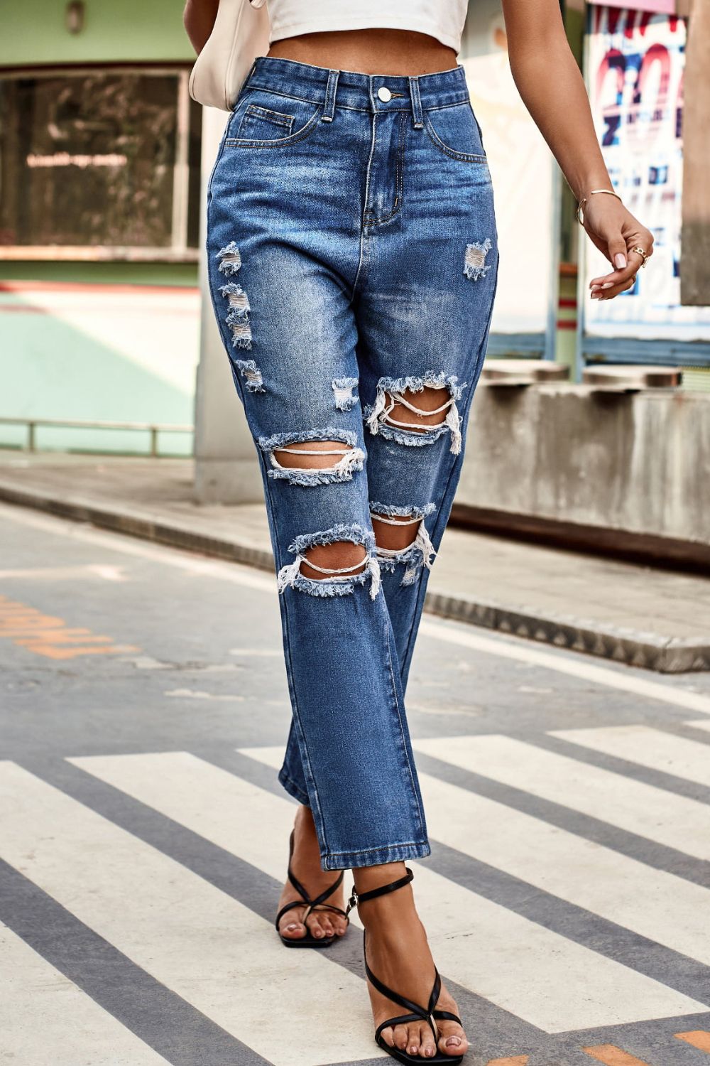 Distressed Buttoned Jeans with Pockets - KRE Prime Deals