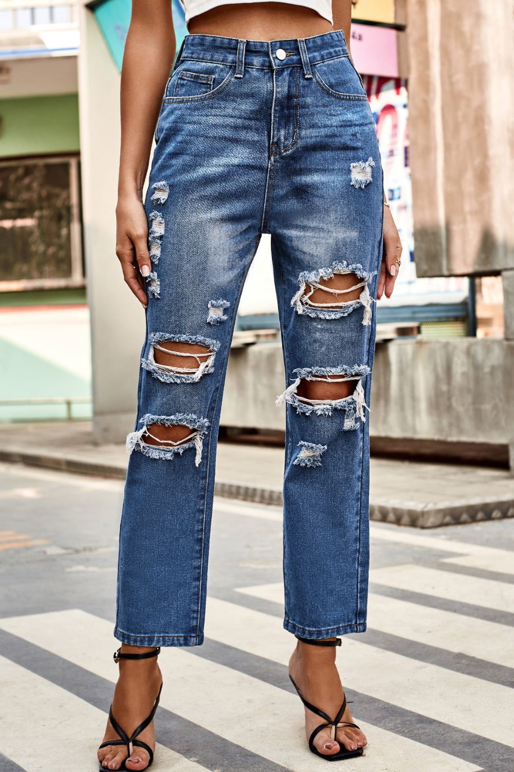Distressed Buttoned Jeans with Pockets - KRE Prime Deals