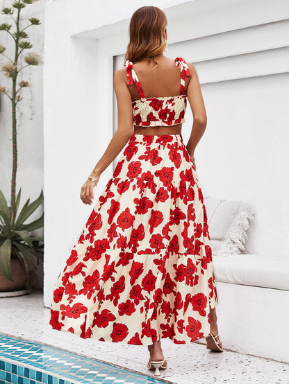 Floral Tie Shoulder Top and Tiered Maxi Skirt Set - KRE Prime Deals