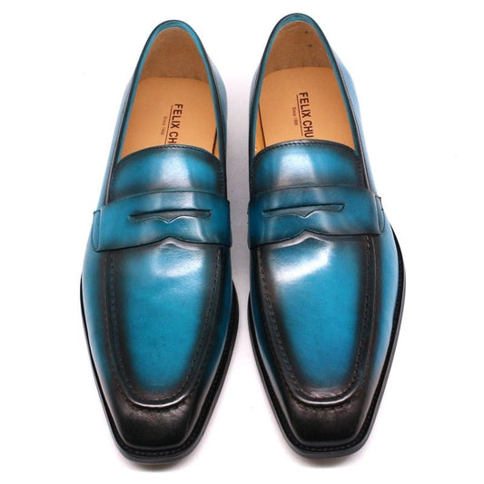 Handmade Mens Penny Loafer Shoes Genuine Leather Classic Blue Dress Shoes Wedding Party Slip on Shoe for Men Italian Fashion - KRE Prime Deals