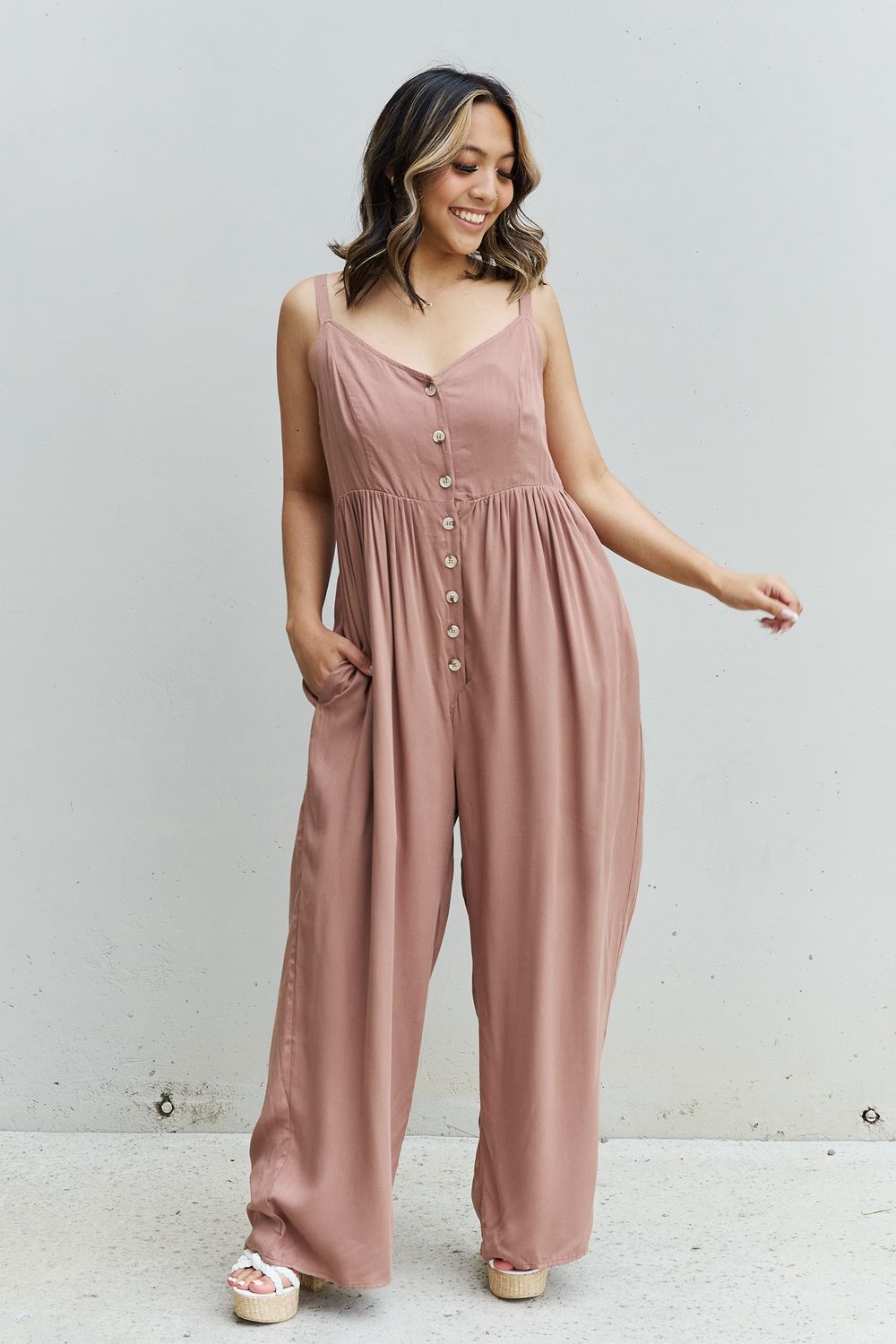 HEYSON All Day Full Size Wide Leg Button Down Jumpsuit in Mocha - KRE Prime Deals