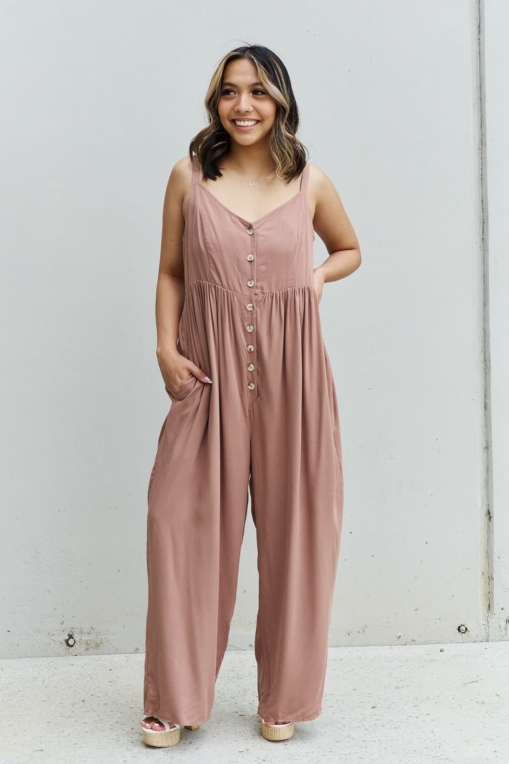 HEYSON All Day Full Size Wide Leg Button Down Jumpsuit in Mocha - KRE Prime Deals