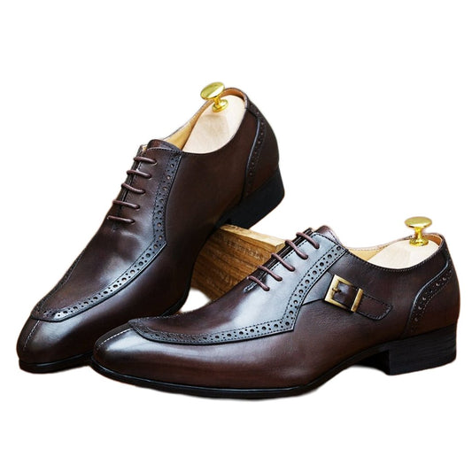 KRE Prime Men Luxury Leather Dress Shoes Business Wedding Formal Shoes Brown Black Lace Up Buckle Pointed Toe Oxford - KRE Prime