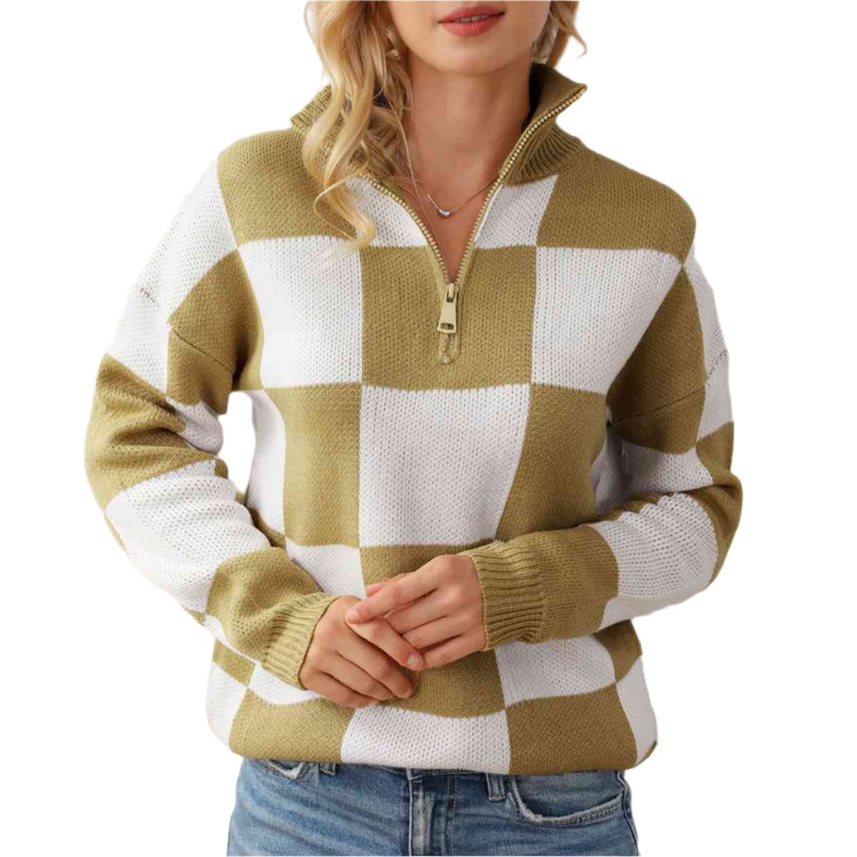 KRE Prime Women Checkered Half Zip Long Sleeve Sweater - KRE Prime