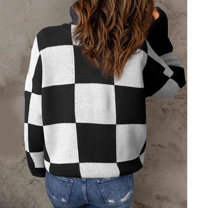 KRE Prime Women Checkered Half Zip Long Sleeve Sweater - KRE Prime