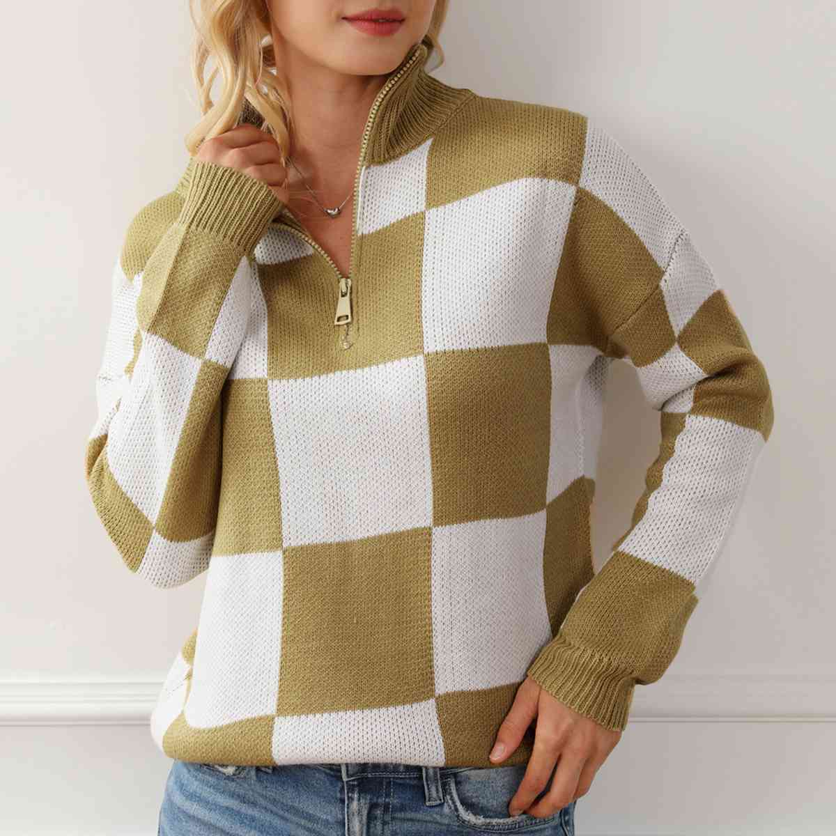 KRE Prime Women Checkered Half Zip Long Sleeve Sweater - KRE Prime