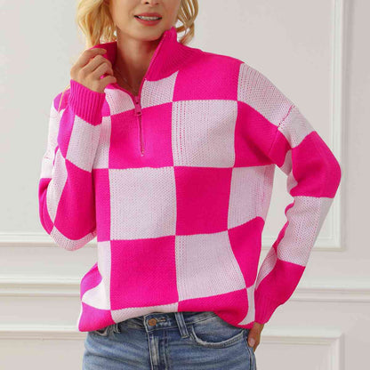 KRE Prime Women Checkered Half Zip Long Sleeve Sweater - KRE Prime