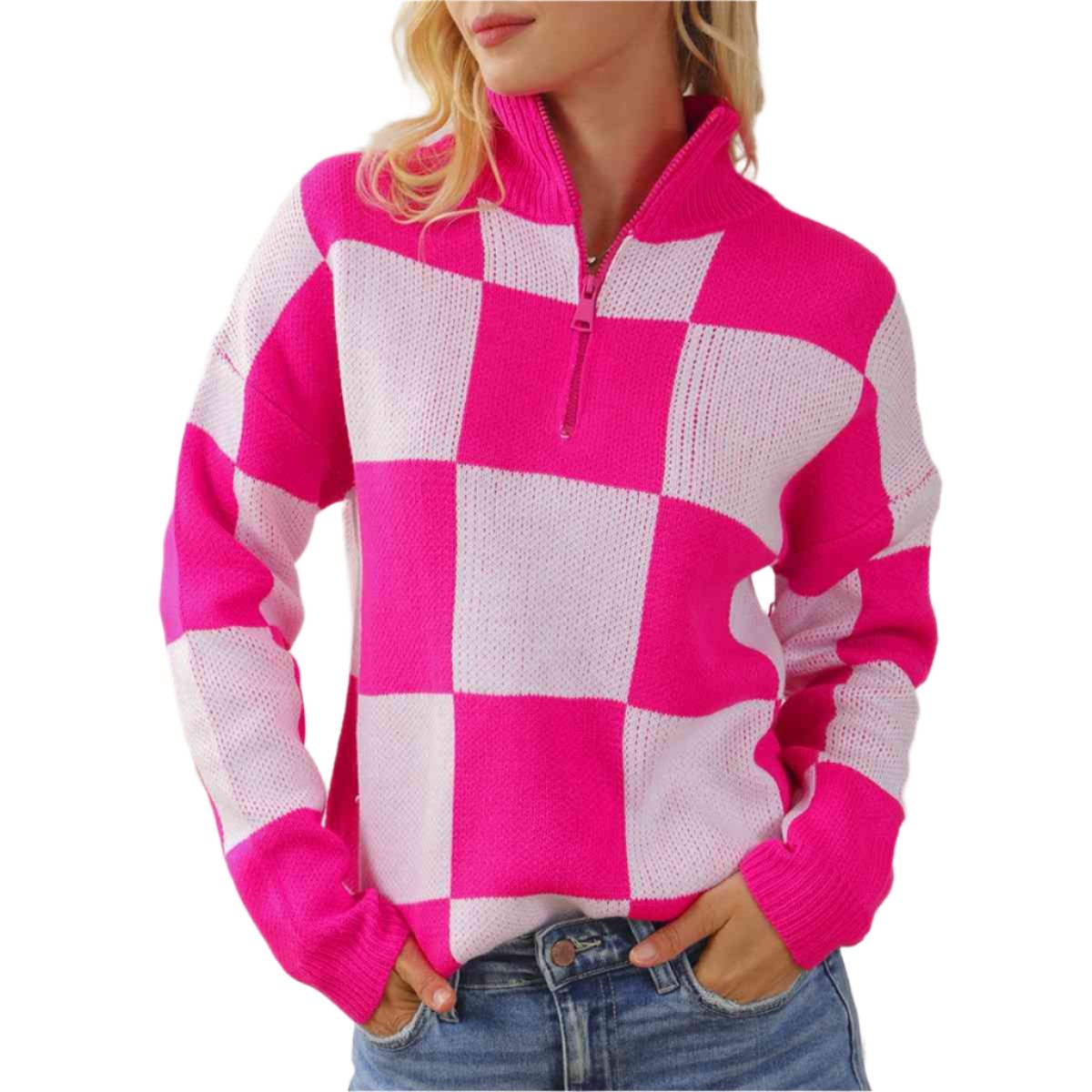 KRE Prime Women Checkered Half Zip Long Sleeve Sweater - KRE Prime