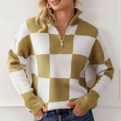 KRE Prime Women Checkered Half Zip Long Sleeve Sweater - KRE Prime