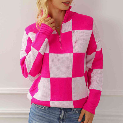 KRE Prime Women Checkered Half Zip Long Sleeve Sweater - KRE Prime