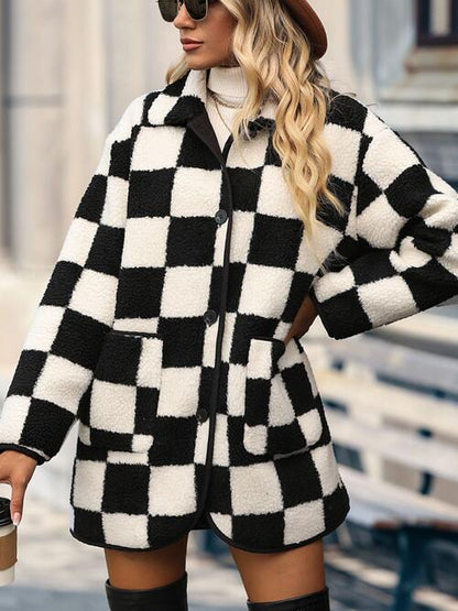 KRE Prime Women Double Take Checkered Button Front Coat with Pockets - KRE Prime