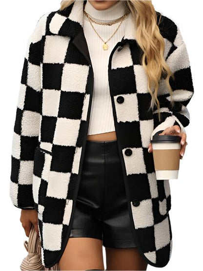 KRE Prime Women Double Take Checkered Button Front Coat with Pockets - KRE Prime