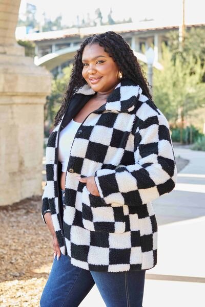 KRE Prime Women Double Take Checkered Button Front Coat with Pockets - KRE Prime