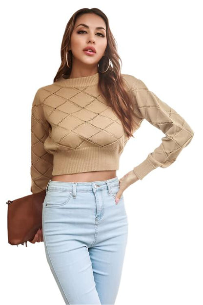 KRE Prime Women Openwork Plaid Round Neck Cropped Sweater - KRE Prime