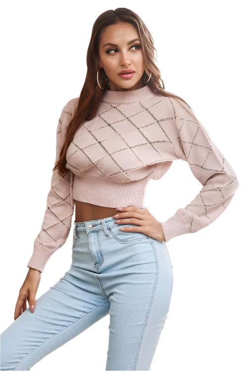 KRE Prime Women Openwork Plaid Round Neck Cropped Sweater - KRE Prime