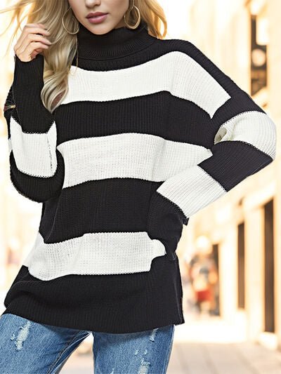 KRE Prime Women Striped Turtleneck Long Sleeve Sweater - KRE Prime