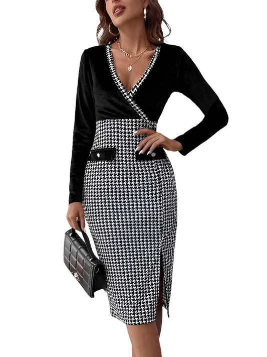 KRE Prime Women Surplice Neck Houndstooth Dress - KRE Prime