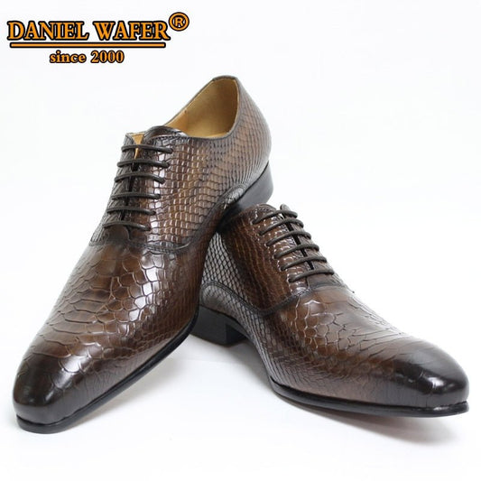 Luxury Men Oxford Shoes Snake Skin Prints Classic Style Dress Leather Shoes Coffee Black Lace Up Pointed Toe Formal Shoes Men - KRE Prime Deals