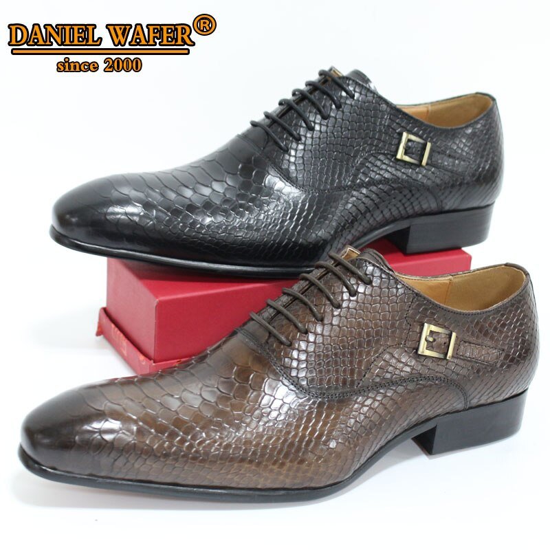 Luxury Men Oxford Shoes Snake Skin Prints Classic Style Dress Leather Shoes Coffee Black Lace Up Pointed Toe Formal Shoes Men - KRE Prime Deals