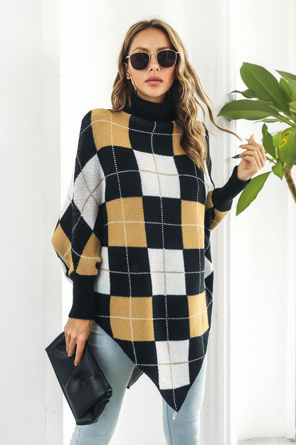 Plaid Turtleneck Dolman Sleeve Poncho - KRE Prime Deals