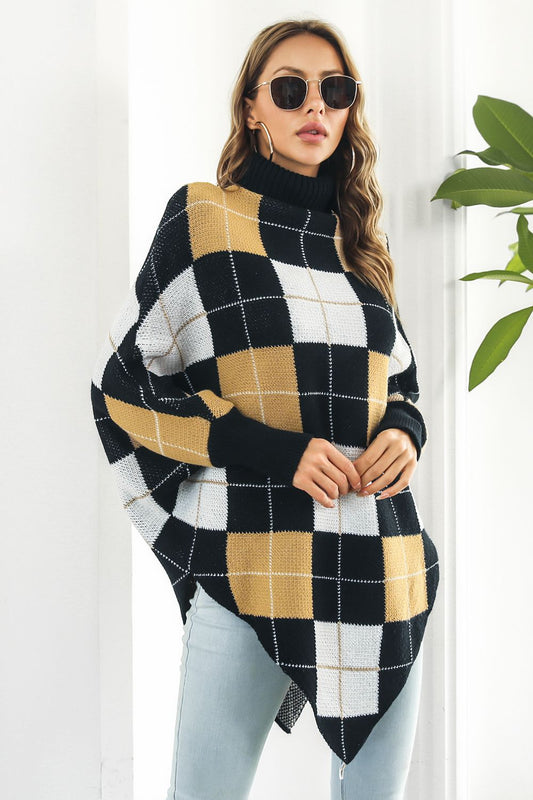 Plaid Turtleneck Dolman Sleeve Poncho - KRE Prime Deals