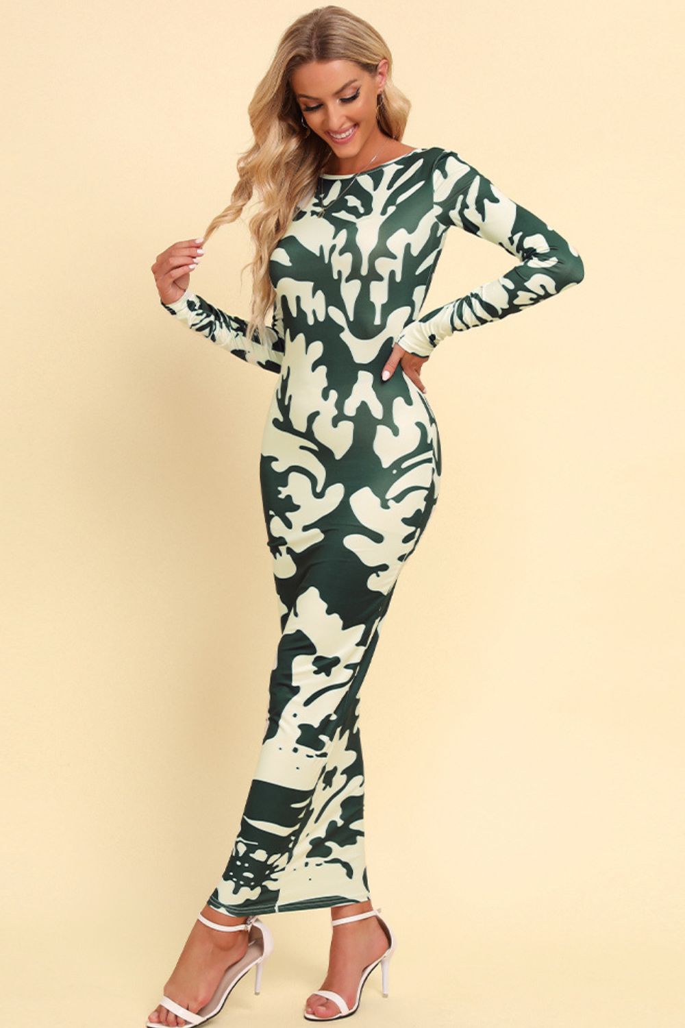 Printed Backless Long Sleeve Maxi Dress - KRE Prime Deals