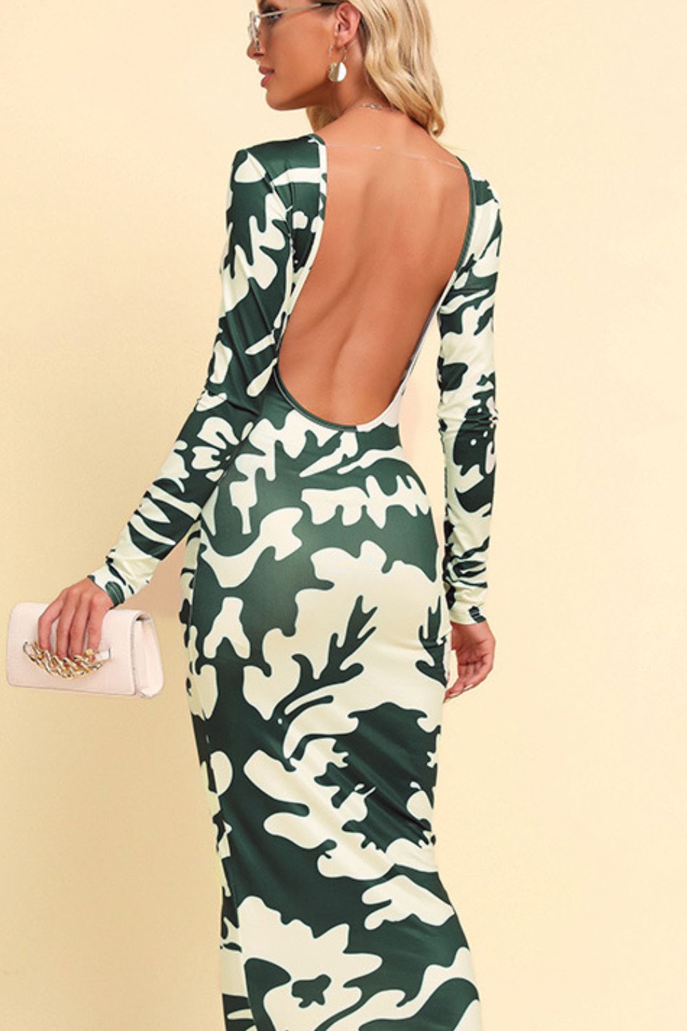 Printed Backless Long Sleeve Maxi Dress - KRE Prime Deals