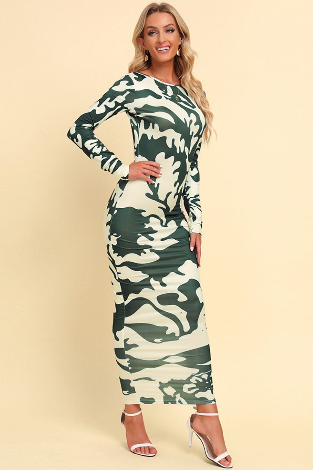 Printed Backless Long Sleeve Maxi Dress - KRE Prime Deals