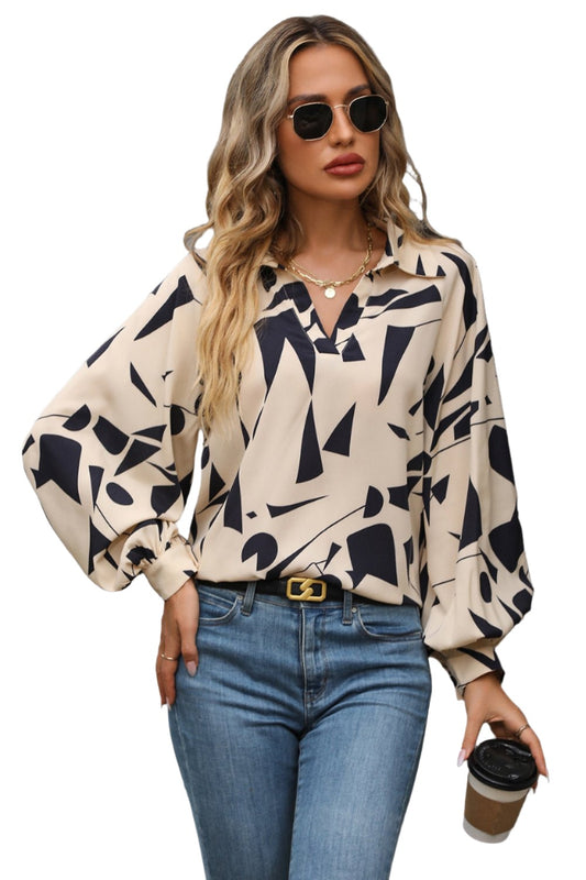 Printed Johnny Collar Blouse - KRE Prime Deals