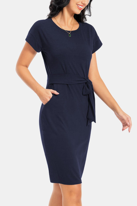 Tie Front Round Neck Short Sleeve Dress - KRE Prime Deals