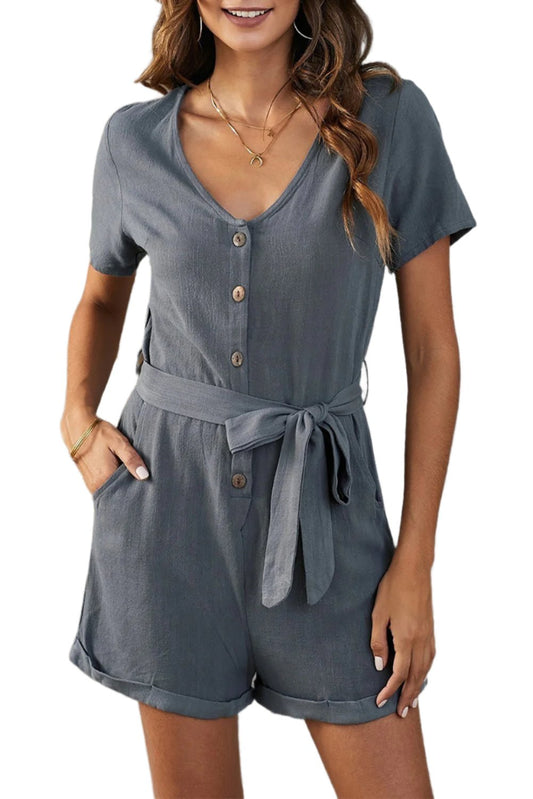 V-Neck Short Sleeve Tie Belt Romper with Pockets - KRE Prime Deals