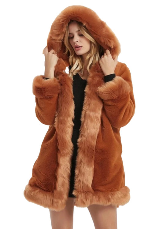 Womens Hooded Faux Fur Collar Coat - KRE Prime