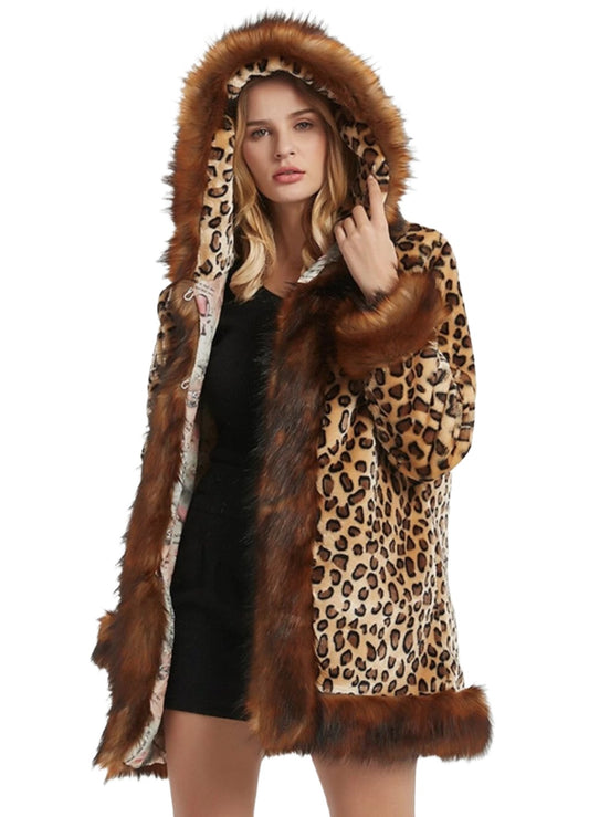 Womens Leopard Print Hooded Faux Fur Collar Jacket - KRE Prime